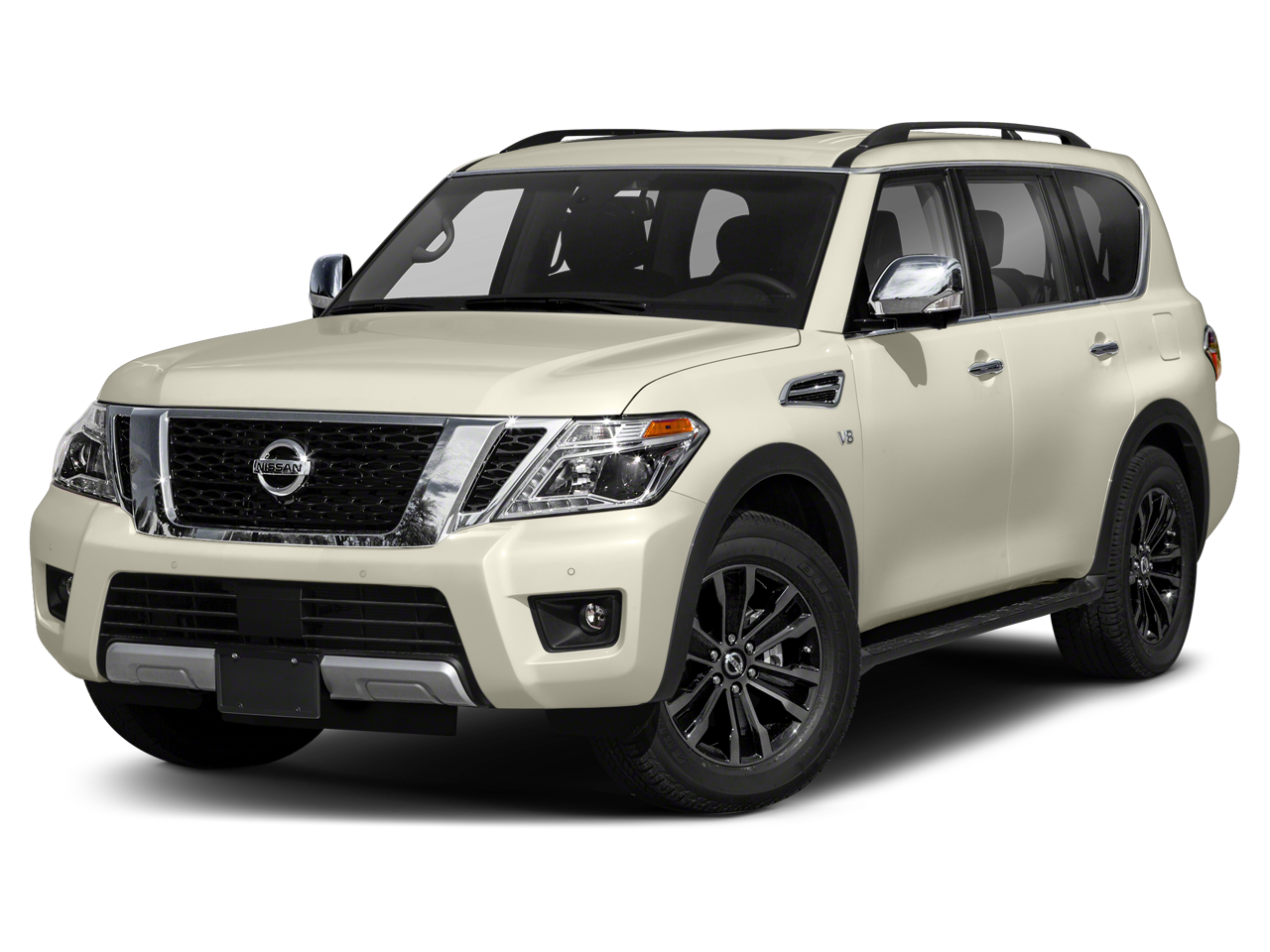 2019 Nissan Armada Platinum in Pearl White — front three-quarter view