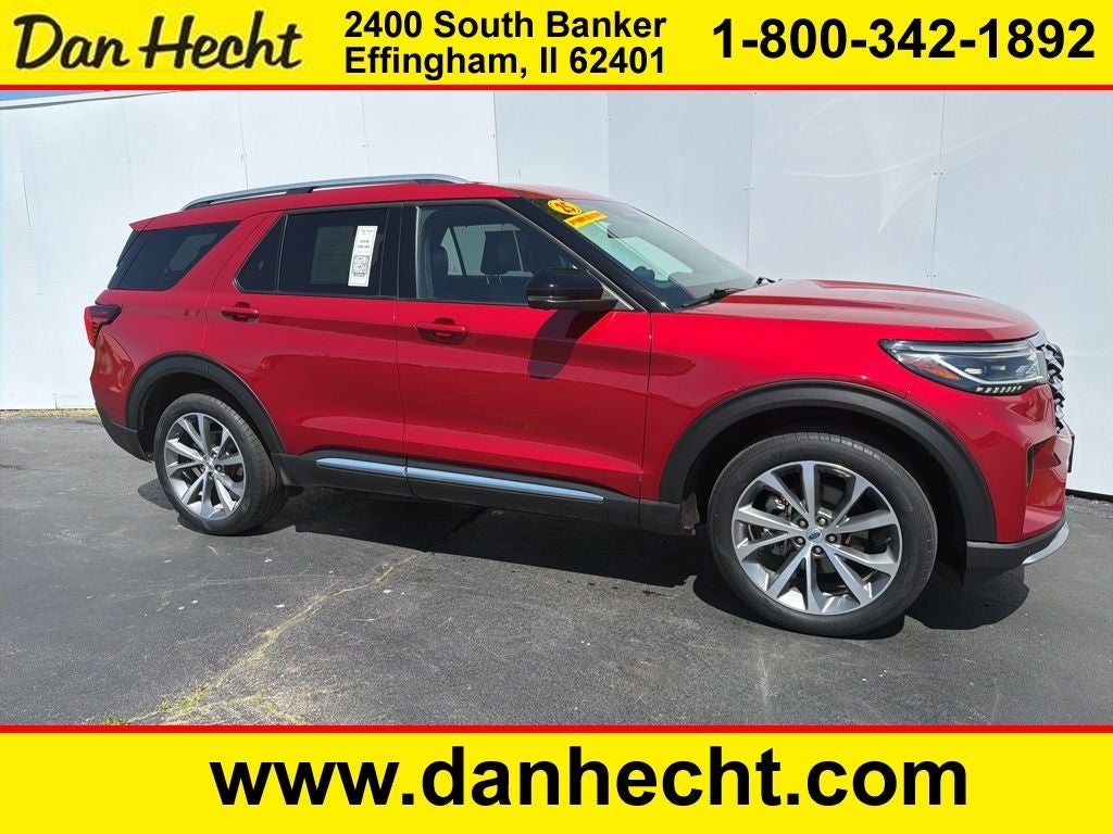 2025 Ford Explorer Platinum in Rapid Red Metallic Tinted Clearcoat — front three-quarter view